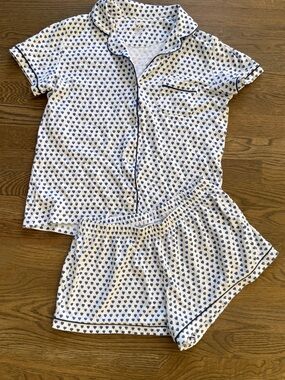 Small S Roller Rabbit PJ Set Hearts Polo Shorts White & Blue Print Pajama Set